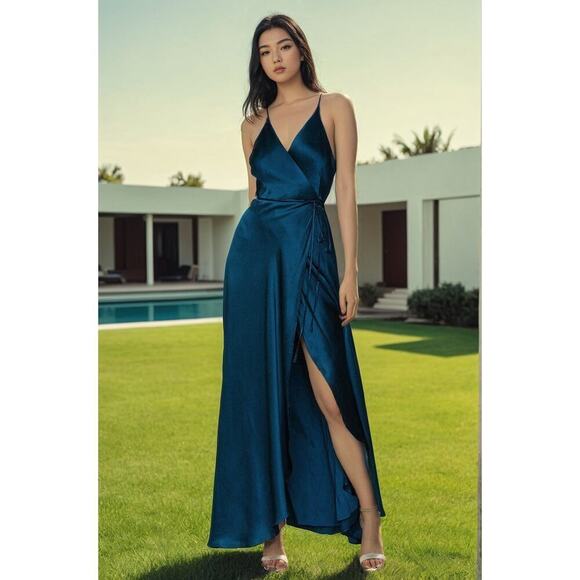 Yumi Kim Rush Hour 100% Silk Maxi Wrap Dress/Gown NWT in Ink Blue Size Small - Picture 9 of 9